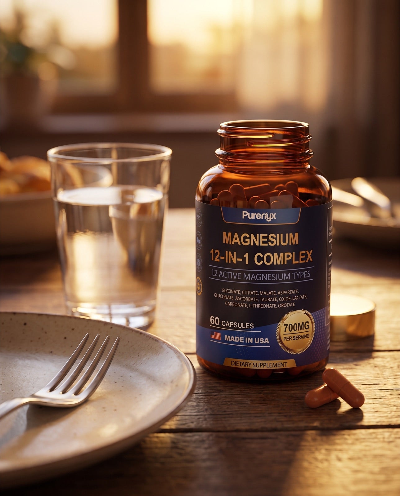 PureNyx 12-in-1 Magnesium Complex bottle beside a dinner plate