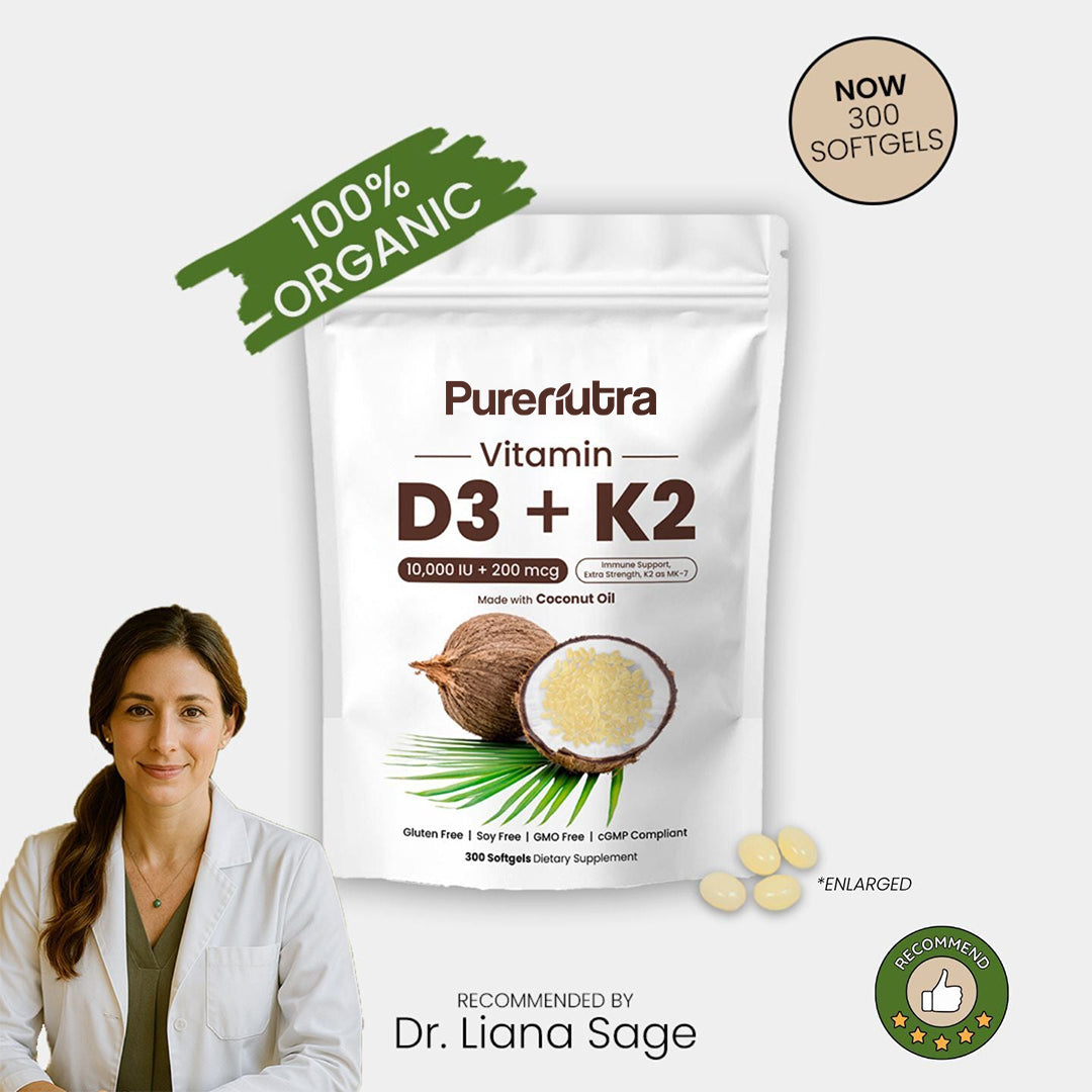 PureNutra® D3 + K2 (MK7) with Coconut Oil - 300 Capsules (3yr. shelf stable)