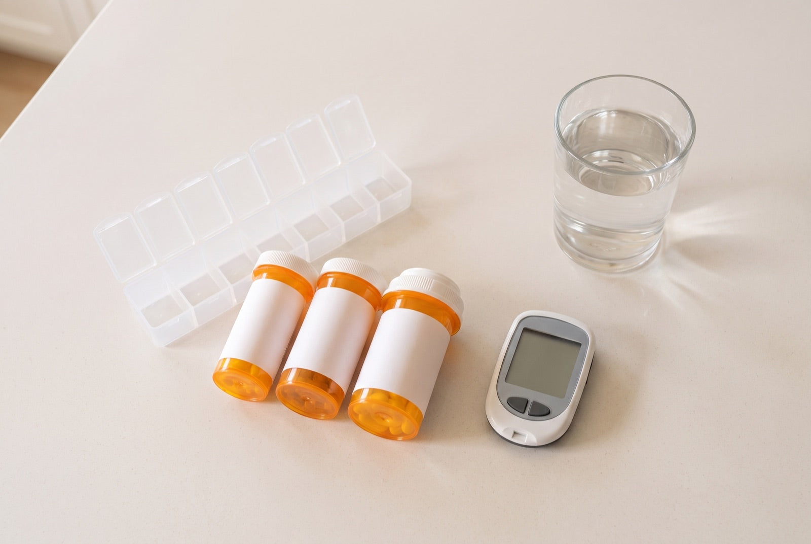 Prescription bottles, a weekly pill organizer and a glucose meter on a kitchen counter